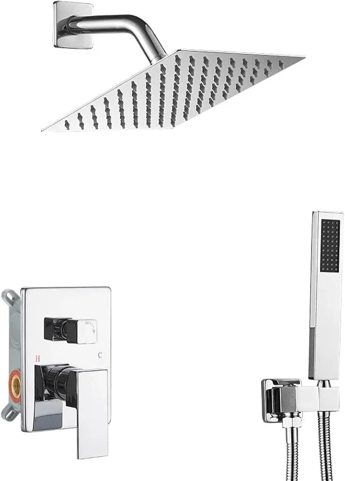 JingGang Shower System Polished Chrome Bathroom Rainfall Shower Faucet Set Complete Wall Mounted 6 Inch Shower Head and Handle Set with Rough-in Valve Body and Trim Kit - ModernBath