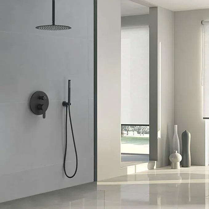 JingGang Matte Black Ceiling Mount Round Rain Shower System with 12 Inch Shower Head and Handheld Bathroom Shower Set Contain Shower Faucet Trim Kit (Mixer Valve Included) - ModernBath