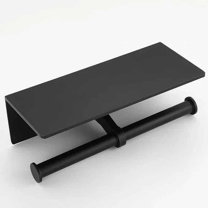 Toilet Paper Holder - Double Rolls Toilet Tissue Holder with Phone Shelf for Bathroom - TP Roll Holder with Wipes Storage, Wall Mounted by Adhesive Pad No Drilling or Screw - Matte Black - ModernBath