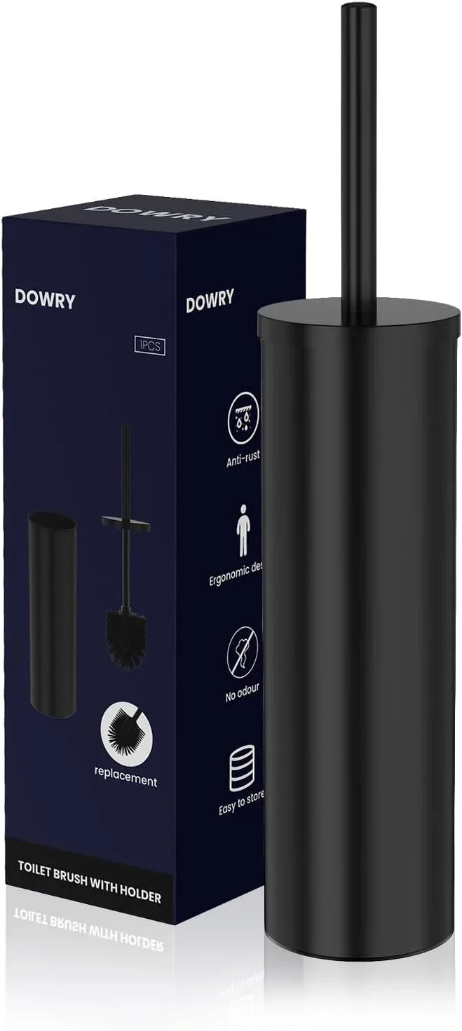DOWRY Toilet Brush and Holder for Bathroom Storage Organization Deep Cleaning Covered Brush Cleaner Black Toilet Brush with 2 Brush Holders,Black Round - ModernBath