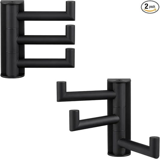 APLusee Matte Black Swivel Towel Hooks for Bathroom 2 Pack, 304 Stainless Steel Foldable Coat Hooks with Multi 3 Arms, Heavy Duty Robe Towel Holders Wall Mounted - ModernBath