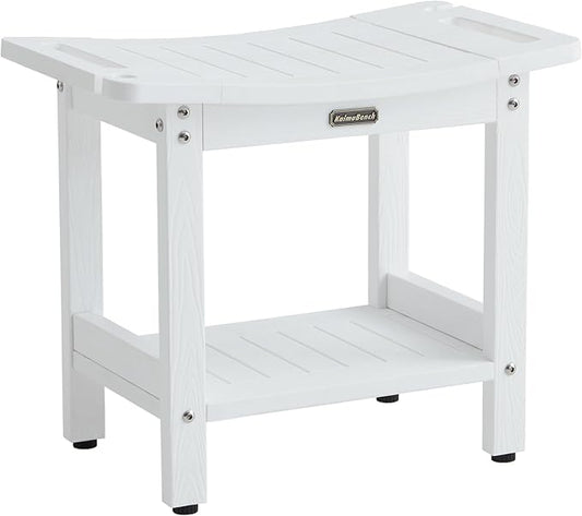 Waterproof Shower Bench, White Poly Shower Stool for Shaving Legs, Shower Chair Seat with Handles & Shower Head Holder, Plastic Bathroom Bench with Adjustable Feet for Inside Shower, Non-Slip