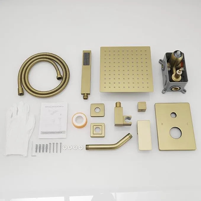 YCAIKOI Brushed Gold Shower System, 8 Inch High Pressure Rain Shower with Handheld, Wall Mount Shower Faucet Set for Bathroom, Rough-in Valve Body and Trim Included - ModernBath