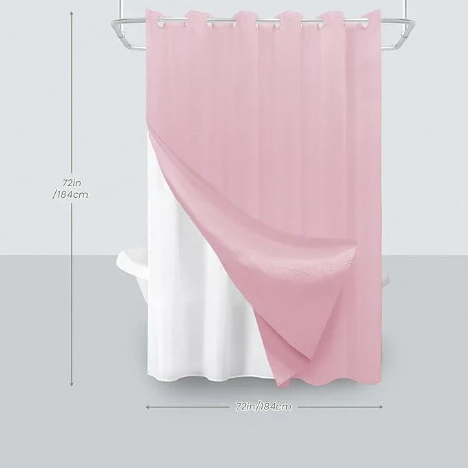 Inhousolu No Hook Waffle Weave Shower Curtain with Removable Snap in Fabric Liner Set for Bathroom, 230 GSM Heavy Duty Weighted Hem, Water Repellent Washable Bath Curtains, 72 x 72 Inch, Pink - ModernBath