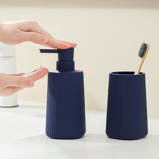YAUKPH Bathroom Accessories 2 Piece Soap Dispenser and Toothbrush Holder Set Striped Navy Blue