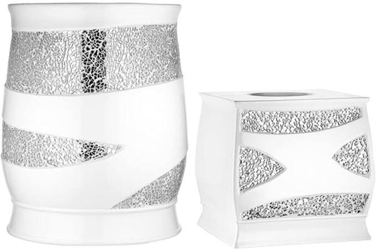 Zahari Home 2pc Sinatra White Modern Bath Accessories Set Waste Basket & Tissue Box Modern Decorative Beautiful Designs Bathroom Decor Set for Home Luxury Bath Set Mosaic Glass - ModernBath