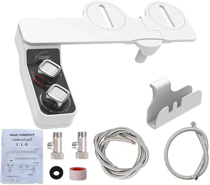 GOESMO Bidet Attachment for Toilet, Hot and Cold Water Non-Electric Self Cleaning Dual Nozzle(Frontal/Rear Wash) for Bidet Toilet Seat, Adjustable Water Pressure, Extra Phone Holder for Bathroom - ModernBath