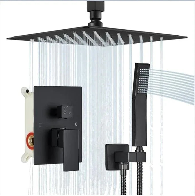 Shower Faucet Set Matte Balck Rain Shower System with High Pressure 10 Inches Rain Shower Head and Handheld Spray Bathroom Luxury Rain Mixer Shower Complete Combo Set Ceiling Mounted - ModernBath