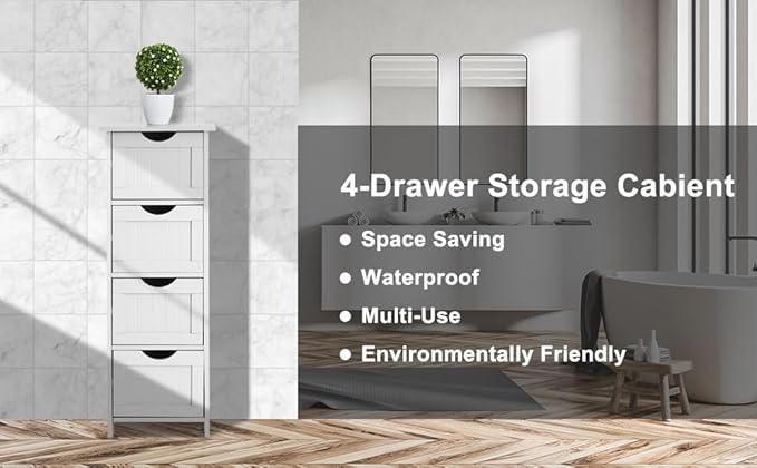 Bonnlo Skinny Bathroom Floor Storage Cabinet,White 12 Inch Wide Deep Small Storage Organizer with 4 Drawers, Wooden Modern Thin Free Standing Tower Cabinet w/ 4 Cute Drawers for Bathroom, Living Room - ModernBath