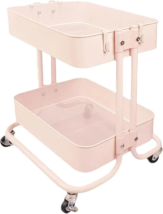 2 Tier Rolling Cart with Wheels for Under Desk Storage, Pink Small Rolling Pantry Storage Cart for Small Space, Metal Utility Shelf for Kitchen Bathrrom Laundry Room Organization - ModernBath