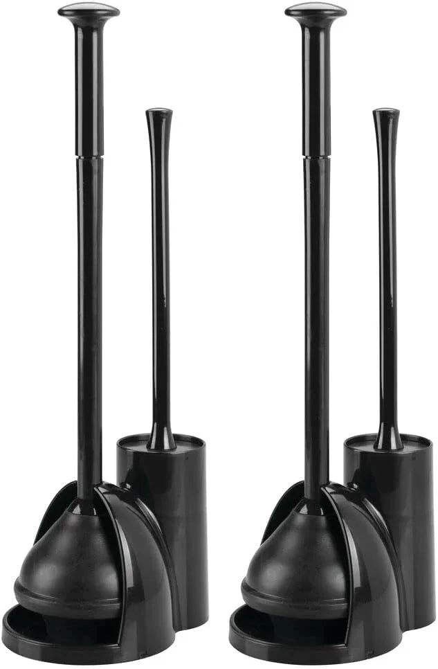 mDesign Hidden Plunger and Brush Set for Toilet Bowl - Brush Cleaner and Plunger Combo with Holder Caddy for Bathroom - Modern Toilet Brush and Plunger Set - Aura Collection - 2 Pack - Black - ModernBath