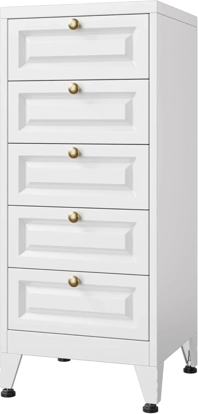5 Drawer Dresser for Bedroom, Metal Storage Cabinet with Drawers and Leg, Vintage-Style Metal Storage Chest for Bathroom, Living Room, Required Assembly, White - ModernBath