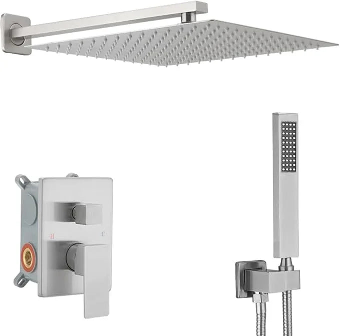 JingGang Brushed Nickel Shower System 16 Inch Bathroom Luxury Rain Mixer Shower Combo Set Wall Mounted Rainfall Shower Head and Handheld System Shower Faucet Set Rough-in Valve Body and Trim Kit - ModernBath