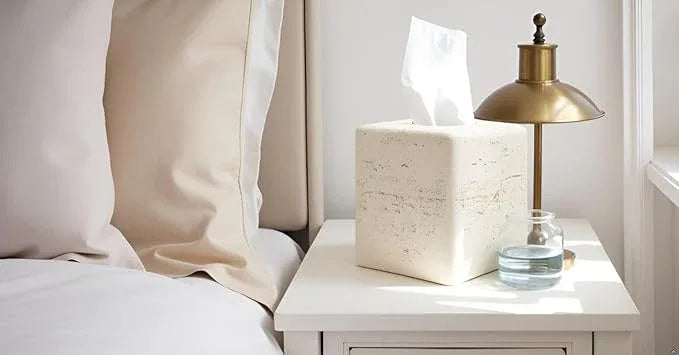 Huitony Travertine Tissue Box Cover Square Decorative Stone Klenex Box Holder for Bathroom & Living Room with Handcrafted Texture (Light Beige) - ModernBath