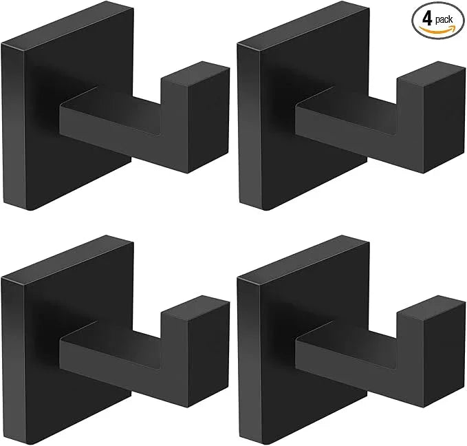 IBosins 4 Pack Towel Hooks Hand Towel Holder for Bathroom Wall Livingroom Bedroom Kitchen Closet Heavy Duty Stainless Steel Hook Hanger for Robe, Bath Towel, Coat (Square Matte Black) - ModernBath