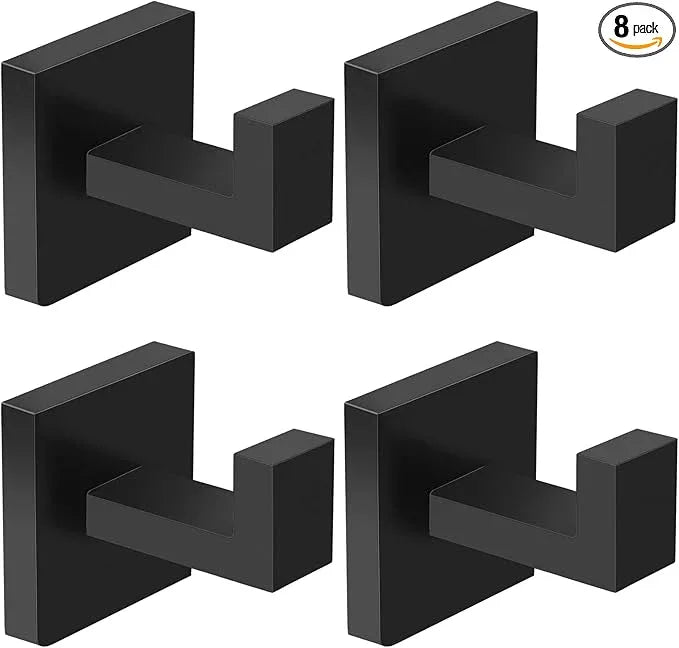 IBosins 8 Pack Towel Hooks Hand Towel Holder for Bathroom Wall Livingroom Bedroom Kitchen Closet Heavy Duty Stainless Steel Hook Hanger for Robe, Bath Towel, Coat (Square Matte Black) - ModernBath