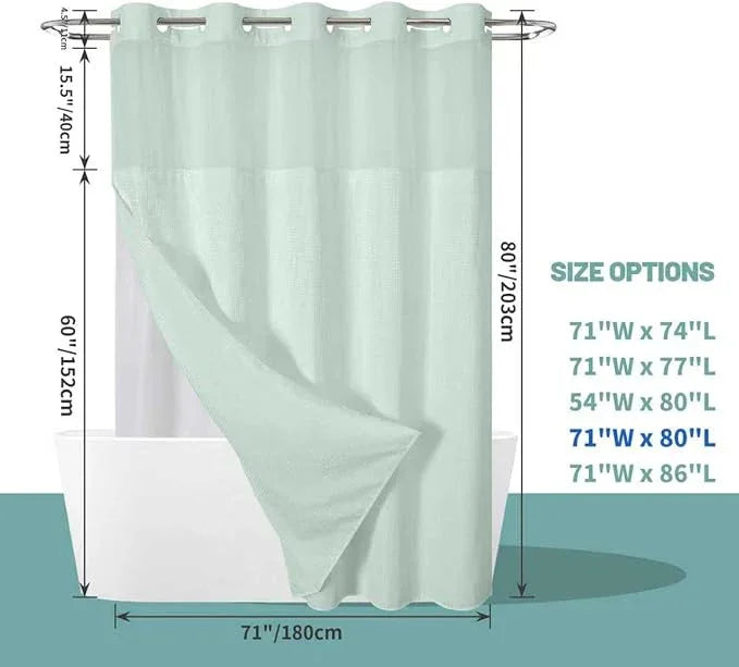 eachope MintGreen Long No Hook Waffle Weave Shower Curtain with snap-in Liner Replacement, 230GSM Waterproof Fabric Hotel Shower Curtain Set for Bathroom, Through Mesh Top Window,71Wx80H - ModernBath