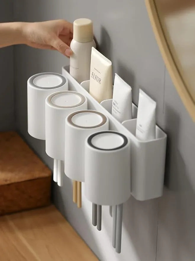 FLAUVEL Wall-Mounted Toothbrush and Toothpaste Holder - Self-Draining Design, Easy Installation, Space-Saving, White (Quadruple - Four Normal Cups) - ModernBath