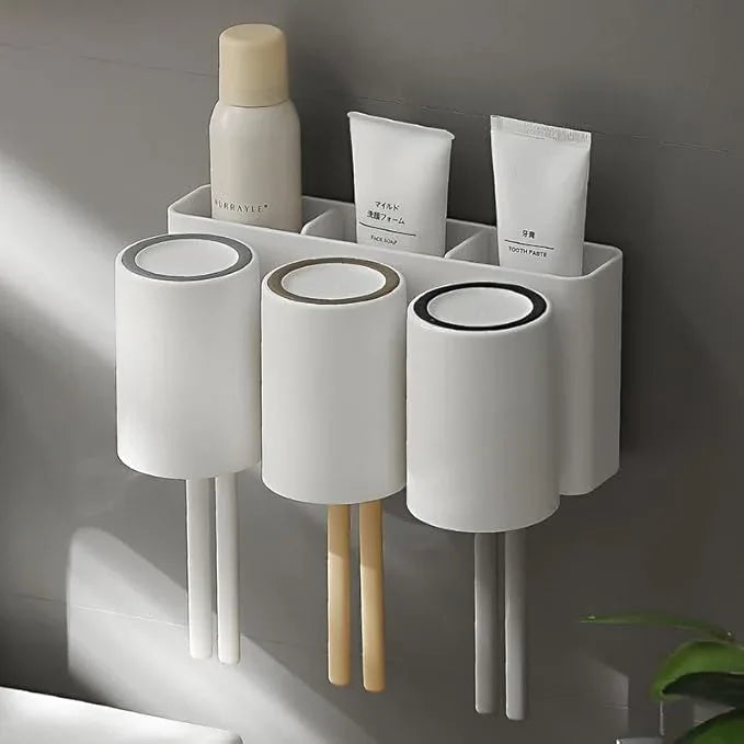 FLAUVEL Wall-Mounted Toothbrush and Toothpaste Holder - Self-Draining Design, Easy Installation, Space-Saving, White (Triple - Three Normal Cups) - ModernBath