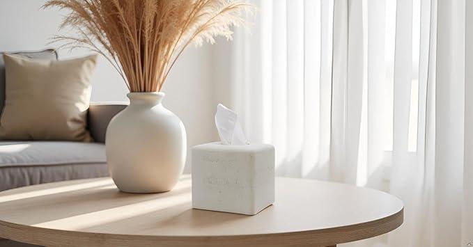 Huitony Travertine Tissue Box Cover Square Decorative Stone Klenex Box Holder for Bathroom & Living Room with Handcrafted Texture (Light White) - ModernBath