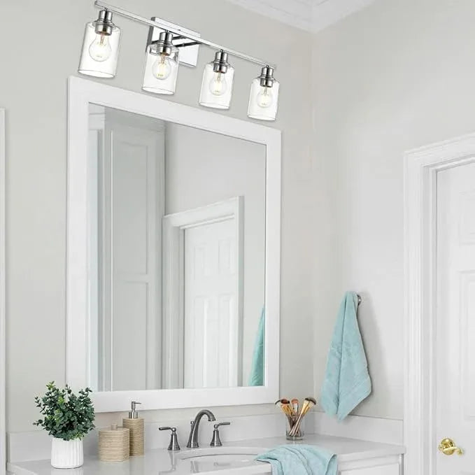 VINLUZ Vanity Light Fixtures,4-Light Indoor Modern Chrome Finish Bathroom Lighting Over Mirror with Clear Glass Shade Metal Base Wall Mounted Lamp for Vanity Table, Living Room - ModernBath