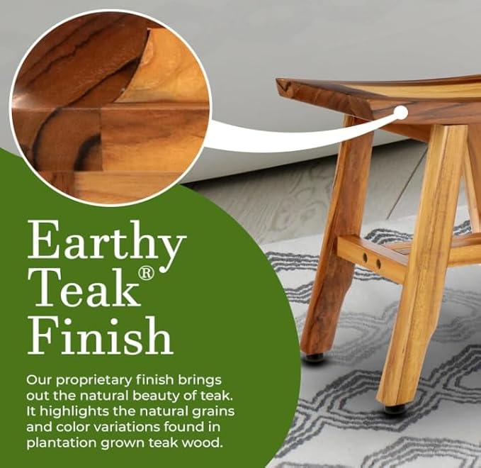 EcoDecors® Satori® 14" Solid Teak Shower Bench, Water-Resistant Bath Stool with Adjustable Feet, EarthyTeak Finish, Indoor/Outdoor Use - ModernBath