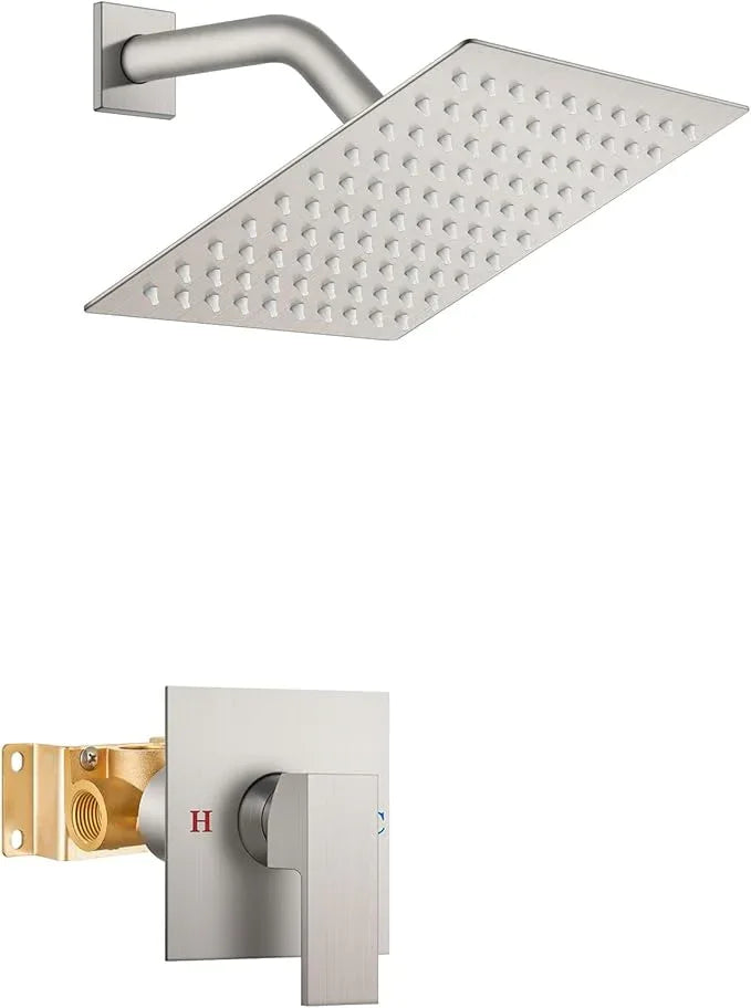 Airuida Shower Faucet Set Bathroom Rain Shower System 8 Inch Square Showerhead Single Function 1 Handle Trim Kit with Female Thread Rough-in Valve Cover Plate with H and C Labels Brushed Nickel - ModernBath