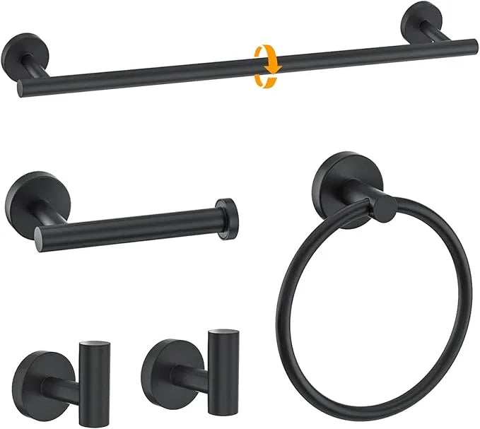 Matte Black Towel Bar Set 5-Piece Bathroom Hardware Accessories Set Includes 23.6in Towel Bar-Round Towel Ring-Toilet Paper Holder-Towel Hooks Stainless Steel Wall Mount Bathroom Towel Holder Set - ModernBath