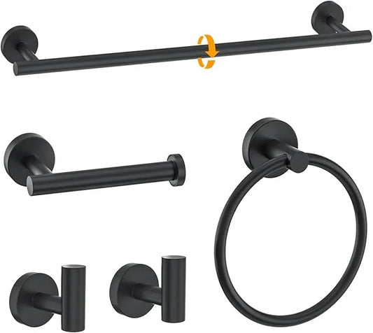 Matte Black Towel Bar Set 5-Piece Bathroom Hardware Accessories Set Includes 23.6in Towel Bar-Round Towel Ring-Toilet Paper Holder-Towel Hooks Stainless Steel Wall Mount Bathroom Towel Holder Set - ModernBath