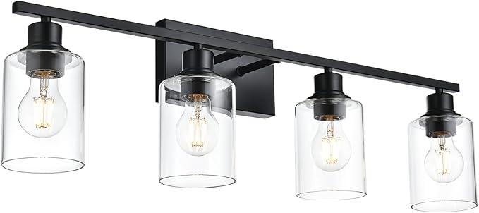 VINLUZ 4-Lights Black Bathroom Vanity Light Fixtures with Clear Cylinder Glass Shade,Industrial Metal Wall Mounted Lighting Over Mirror - ModernBath
