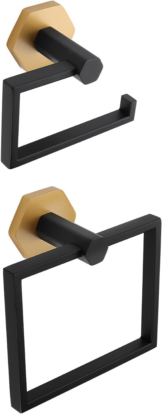 GERZWY Bathroom Hardware Accessories Sets 2-Pieces Stainless Steel - Toilet Paper Holder Towel Ring (Black & Gold)