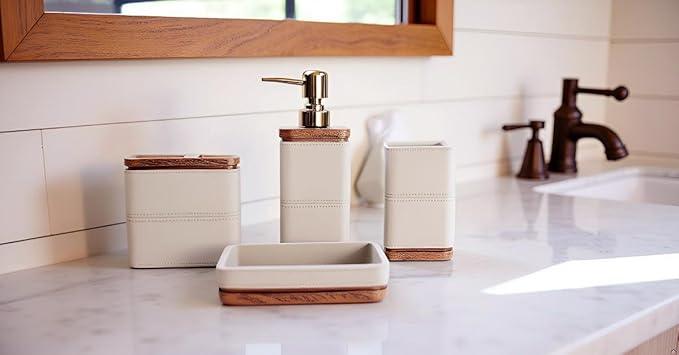Hymmah Leather Pattern Design Bathroom Accessories Set,Farmhouse Bathroom Decor,4 Pcs Resin Gift Set Apartment Necessities, Contain Cotton Swab Jar,Soap Dispenser,Tumbler，Soap Dish/Tray - ModernBath