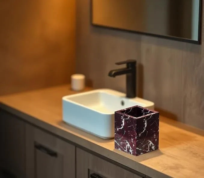Marble Toothbrush Holder – 4.1" Genuine Stone Bathroom Cup for Makeup Brushes, Pens & Utensils | Natural Marble Organizer for Vanity, Countertop & Home Décor (Rosso Lepanto Red) - ModernBath