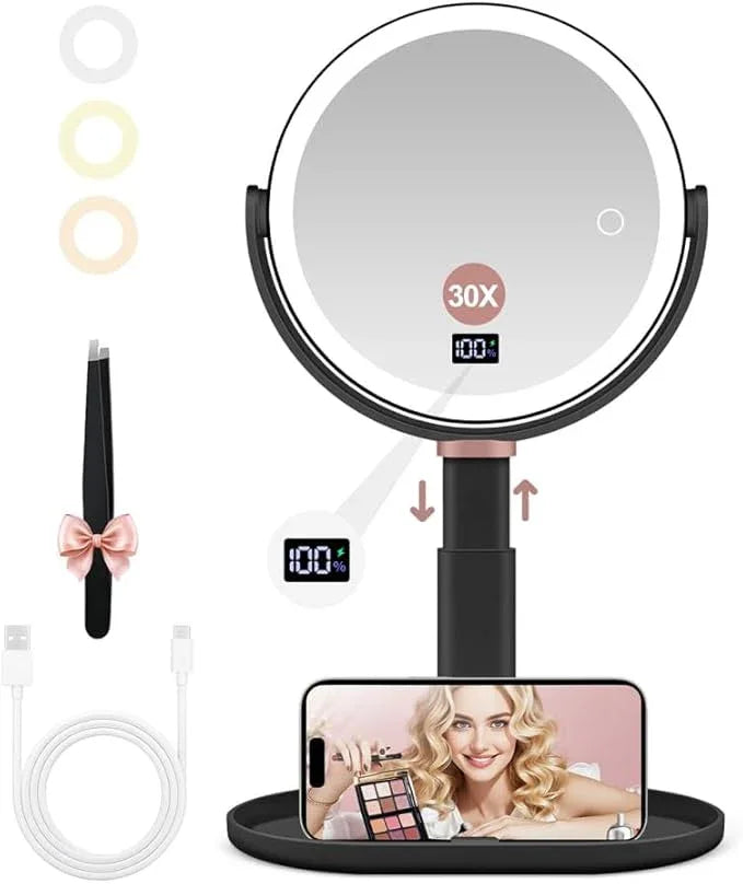 GOMIPURU Makeup Magnifying Mirror with Light 30X/1X, Digital Display, 2-Sided Touch Control, Makeup Mirror with 3 Color Lights,360° Rotate, Height Adjustable Lighted Magnifying Mirrors for Desk Travel - ModernBath