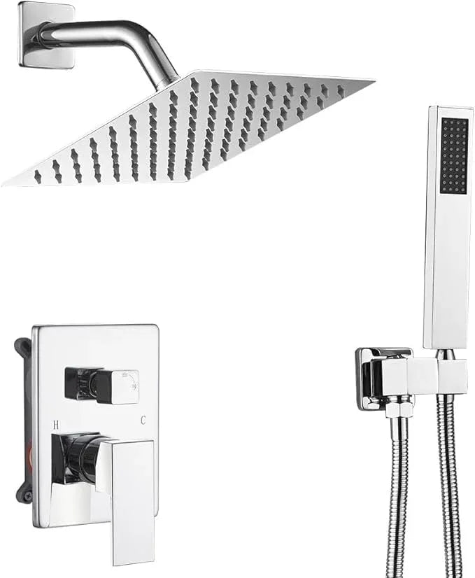 annazom Chrome Shower System with High Pressure 8'' Rainfall Shower Head, Handheld Shower head, Bathroom Luxury Rain Mixer Shower Combo Set Wall Mounted Shower Faucet Rough-in Valve and Trim Kit - ModernBath