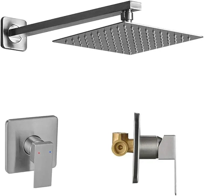 Heable Shower Faucet Set Brushed Nickel, Single Function Shower Trim Kit with Rough-in Valve, Square Rain Shower Head System Included Extra Long Shower Arm for Bathroom - ModernBath