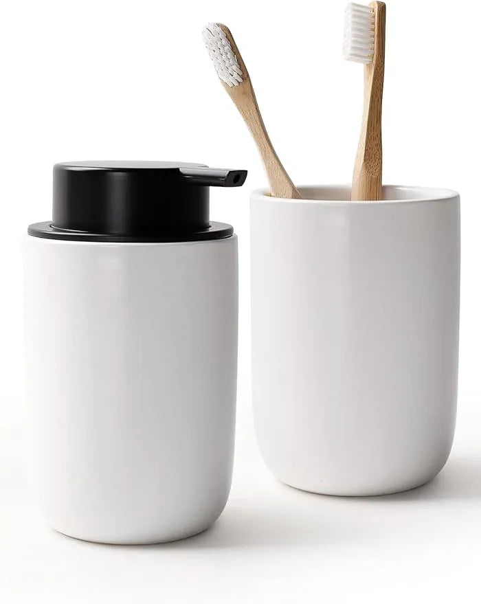 Bosilunlife Soap Dispenser and Toothbrush Holder Set - 11Oz Dish Hand Soap Dispenser Pump Ceramic Bathroom Counter Soap Toothbrush Holder Set White Bathroom Accessories Set - ModernBath