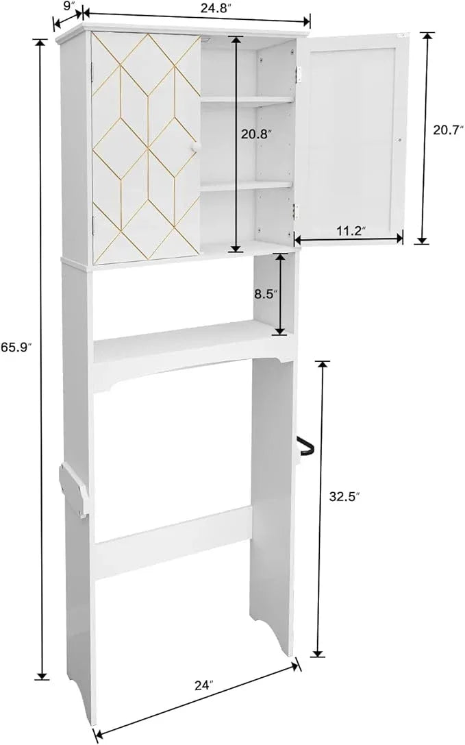 HLR Over The Toilet Storage Cabinet with Gold Trim, Over Toilet Bathroom Organizer with Adjustable Shelves and Toilet Paper Holder, Above Toilet Storage Cabinet Spacesaver for Bathroom(White) - ModernBath