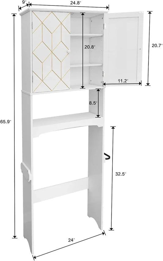HLR Over The Toilet Storage Cabinet with Gold Trim, Over Toilet Bathroom Organizer with Adjustable Shelves and Toilet Paper Holder, Above Toilet Storage Cabinet Spacesaver for Bathroom(White) - ModernBath