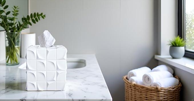 Huitony Square Tissue Box Cover Decorative Kleenex Box Holder for Bathroom & Living Room with Handcrafted Texture (White) - ModernBath