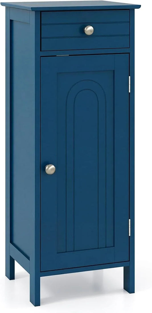 Tangkula Bathroom Floor Cabinet, Wooden Side Storage Organizer Unit, Free-Standing Single Door Floor Storage Cabinet with Large Drawer & 2 Adjustable Shelves for Living Room (Blue) - ModernBath