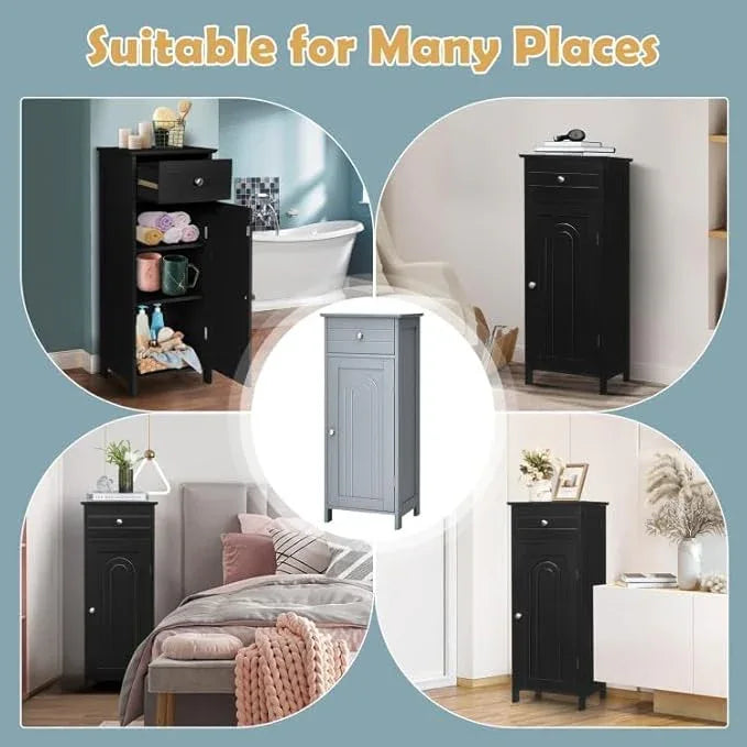 GOFLAME Bathroom Storage Cabinet, Freestanding Wooden Storage Cabinet with Large Drawer, 2 Adjustable Shelves with 7 Positions, Bathroom Floor Cabinet Organizer for Living Room, Black - ModernBath