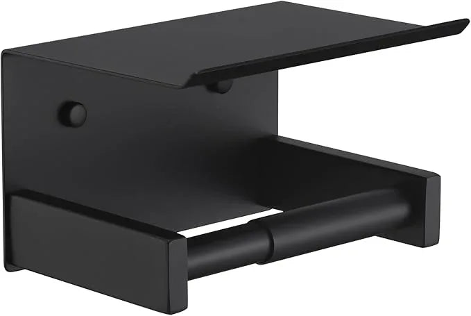 KOKOSIRI Roll Paper Holder Spring Loaded Tissue Paper Holder Bathroom Toilet Roll Holder with Shelf Wall Mounted Stainless Steel Matte Black B2012BK - ModernBath