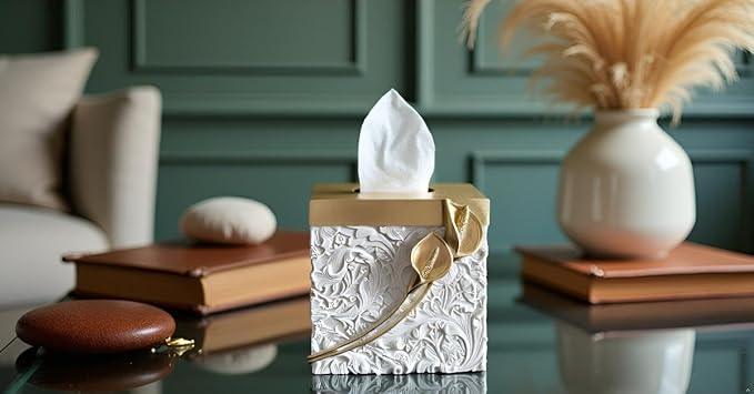 Huitony Square Tissue Box Cover Decorative Kleenex Box Holder for Bathroom & Living Room with Handcrafted Texture (colla Gold) - ModernBath