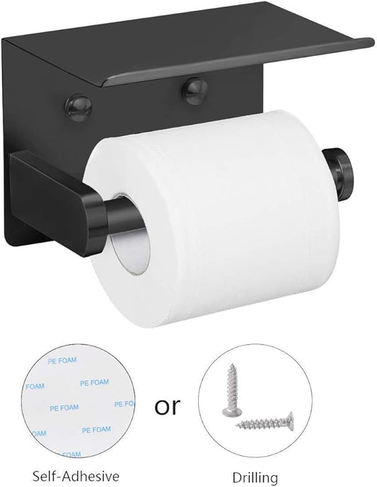 VAEHOLD Self Adhesive Toilet Paper Holder with Phone Shelf Stainless Steel Wall Mounted Toilet Paper Roll Holder - Rustproof and Bathroom Washroom Tissue Roll Holder with Shelf - Black