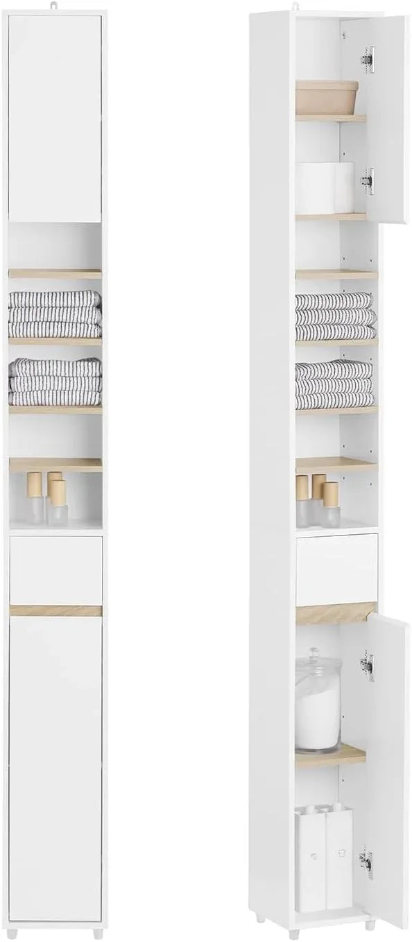 SoBuy Bathroom Narrow Storage Cabinet Skinny Tall Unit with Adjustable Shelves Slender Anti-Tipping Floor Standing Cupboard, White & Natural BZR34-WN - ModernBath