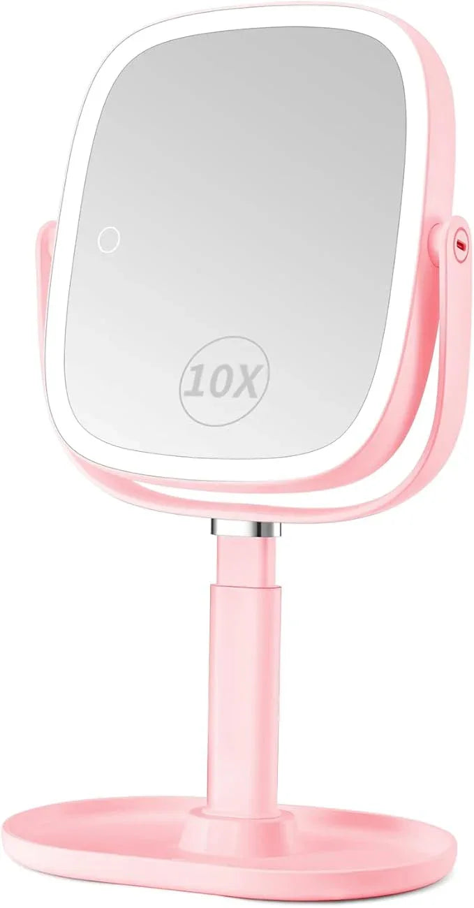 Lighted Makeup Mirror, 2600mAh Rechargeable 1x/10x Magnifying Vanity Mirror, 8.5" Height Adjustable Makeup Mirror with Lights 3 Color, 360° Rotation 2-Sided Light up Large Desk Mirror - Pink - ModernBath