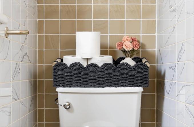 CubesLand Decorative Toilet Paper Storage Basket, Modern Farmhouse Home Decor Basket for Organizing, Scalloped Pantry Baskets for Shelves, Countertop, Living Room, w/Wood Handles, Black 2 Sizes - ModernBath