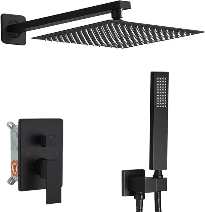 Heable Matte Black Shower System 12 Inches Bathroom Luxury Rain Shower Head with Handheld Combo Set Wall Mounted High Pressure Rainfall Shower Head System Shower Faucet with Valve and Trim Kit - ModernBath