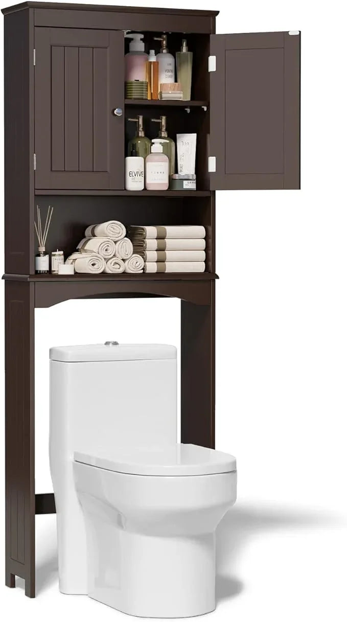 Gizoon Over The Toilet Storage Cabinet with Adjustable Shelf and Double Doors, Bathroom Space Saver Organizer Above Toilet with Open Shelf, Taller Wooden Free Standing Toilet Rack -Espresso - ModernBath